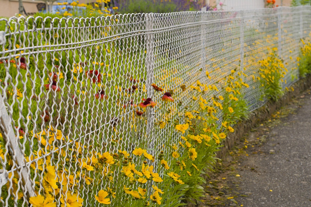Забор из сетки с металлическими столбами.
