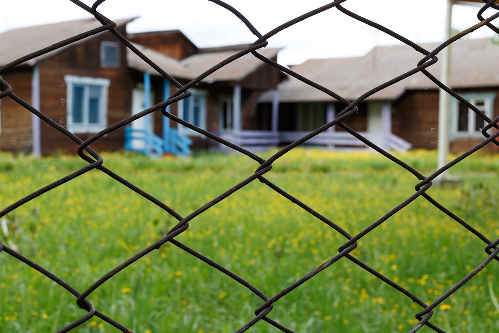 Вид на дачный участок за забором из сетки рабицы