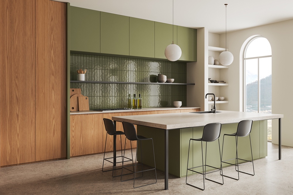 Модульная кухня оливкового цвета.