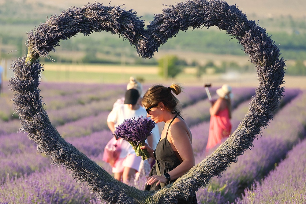 Женщина фотографируется с букетом лаванды рядом с большим венком в виде сердца