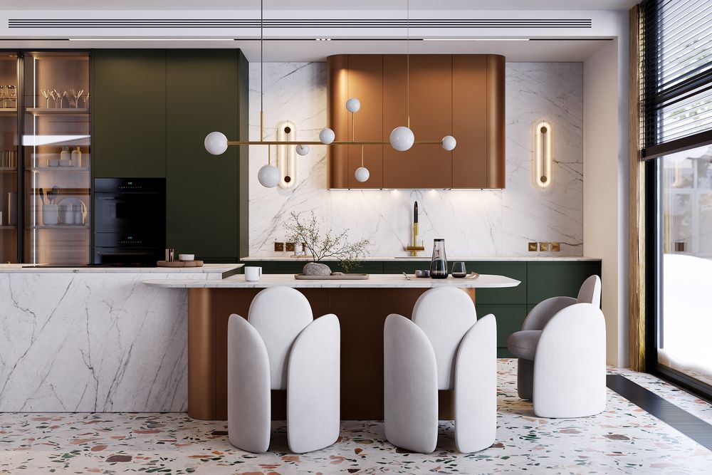 Кухня островом и тремя белыми стульями