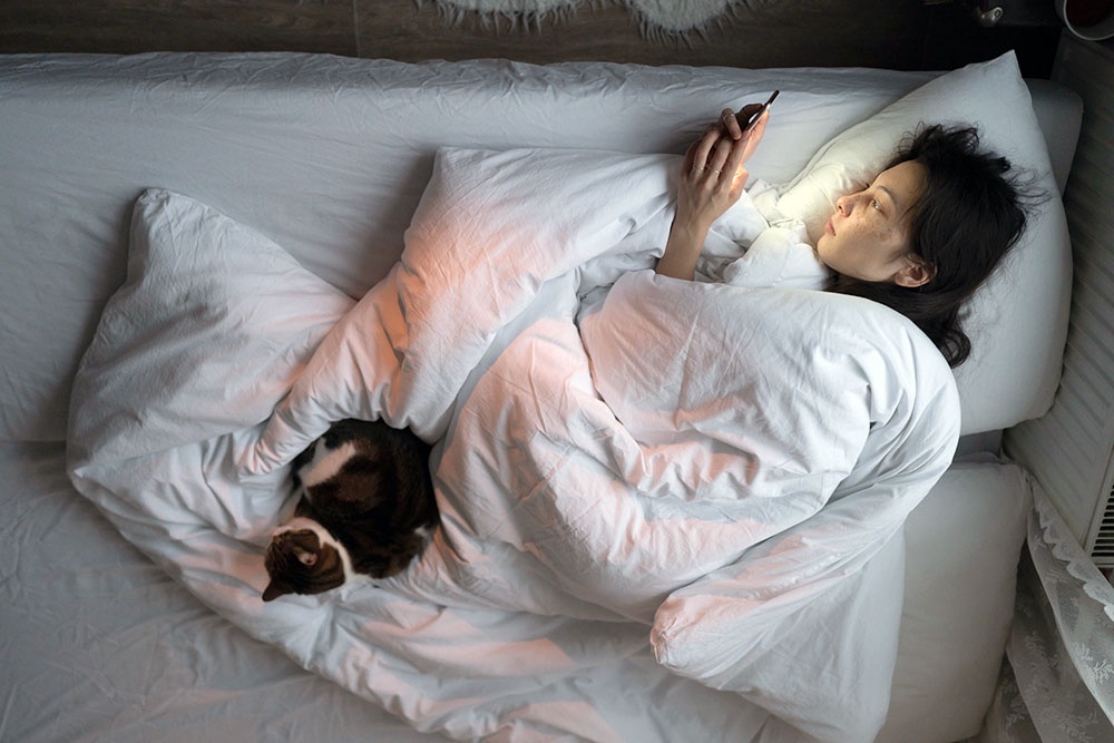 женщина лежит в кровати с телефоном и кошкой