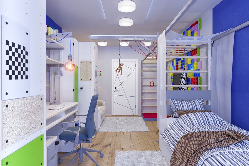 Спортивный уголок, кровать и многофункциональный стеллаж