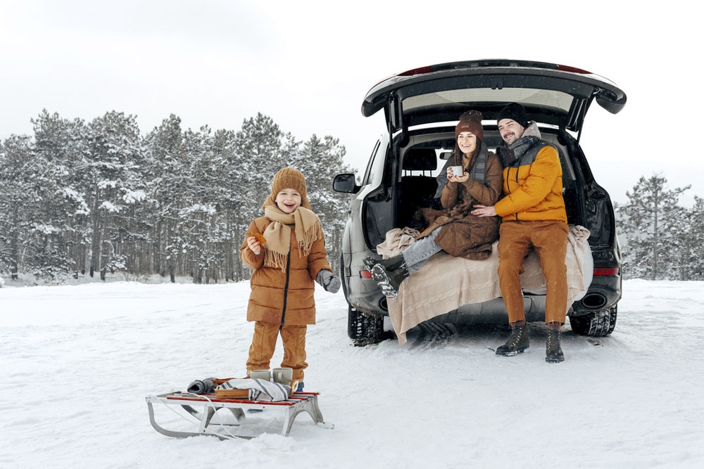 семья на выездной прогулке  в зимнем лесу