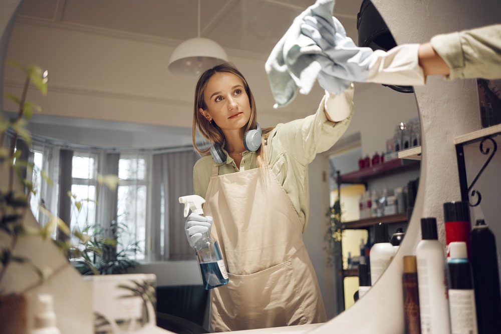 женщина убирает в доме