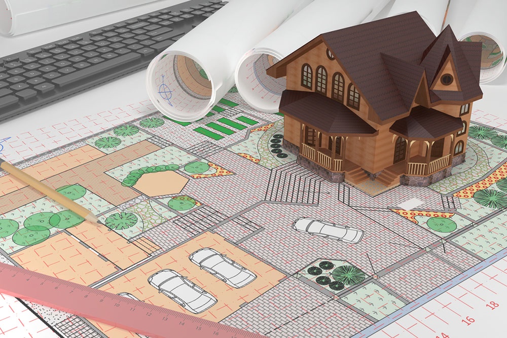 территории начинается с плана. Cхема участка учитывает размещение жилого дома, хозяйственных построек (баня, гараж), инженерных объектов (скважина, септик, дренаж) и сетей.