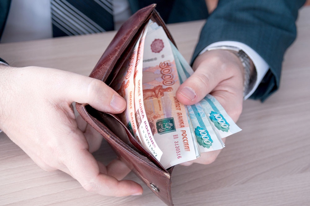 Крупный план открытого бумажника с  рублевыми купюрами разного номинала.