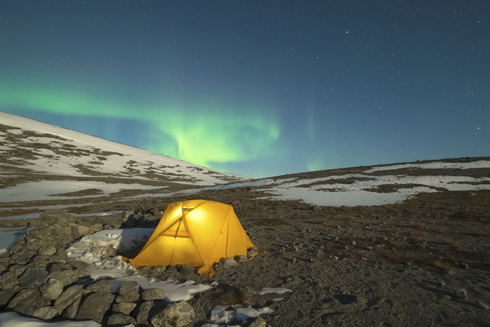 Северное сияние над Хибинскими горами зимой. Зелёные и фиолетовые лучи на зимнем небе.