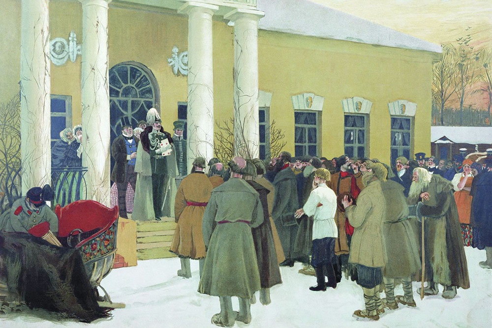 Б.М. Кустодиев. Чтение манифеста (Освобождение крестьян). Для издания И.Н. Кнебеля "Русская история в картинах". 1907 г.