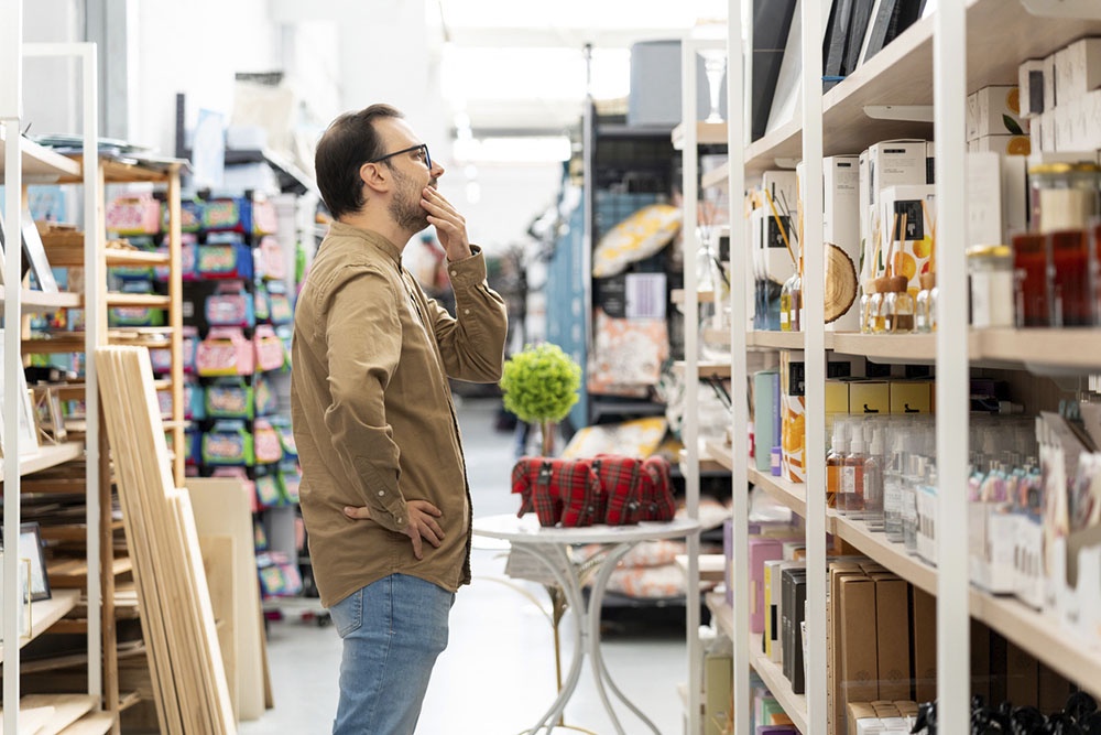 Мужчина в магазине выбирает подарок на 8 марта.