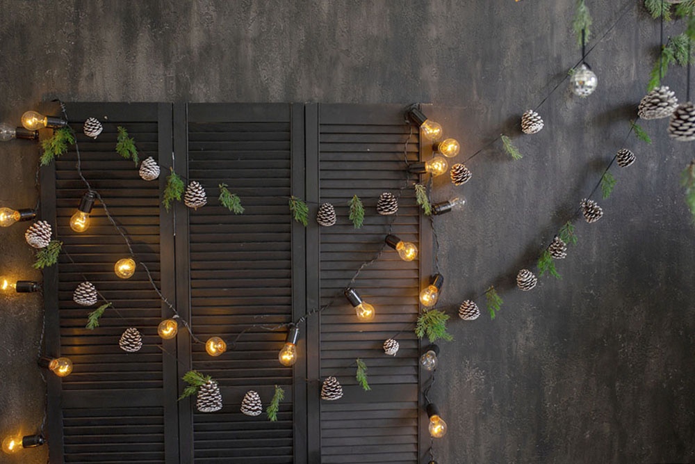 Гирлянда из шишек и лампочек.