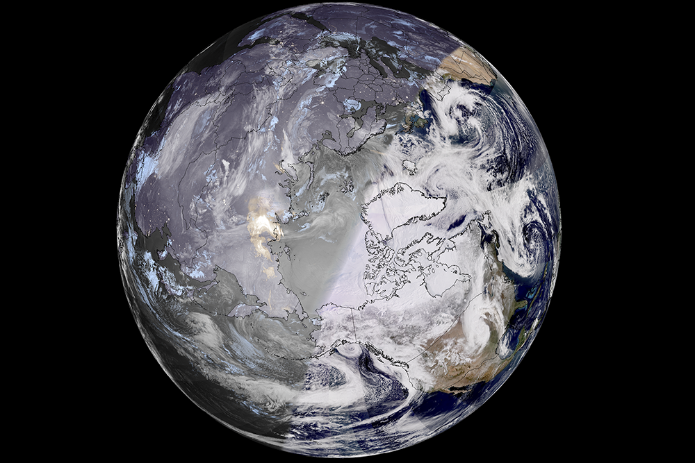 На этом снимке северного полушария, сделанном со спутников JPSS, показан терминатор Земли, разделяющий земной шар пополам между дневным и ночным временем. Снимок сделан примерно в день весеннего равноденствия.