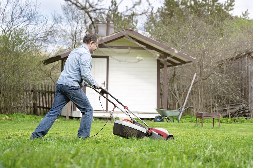 Стрижка газона ранней весной.