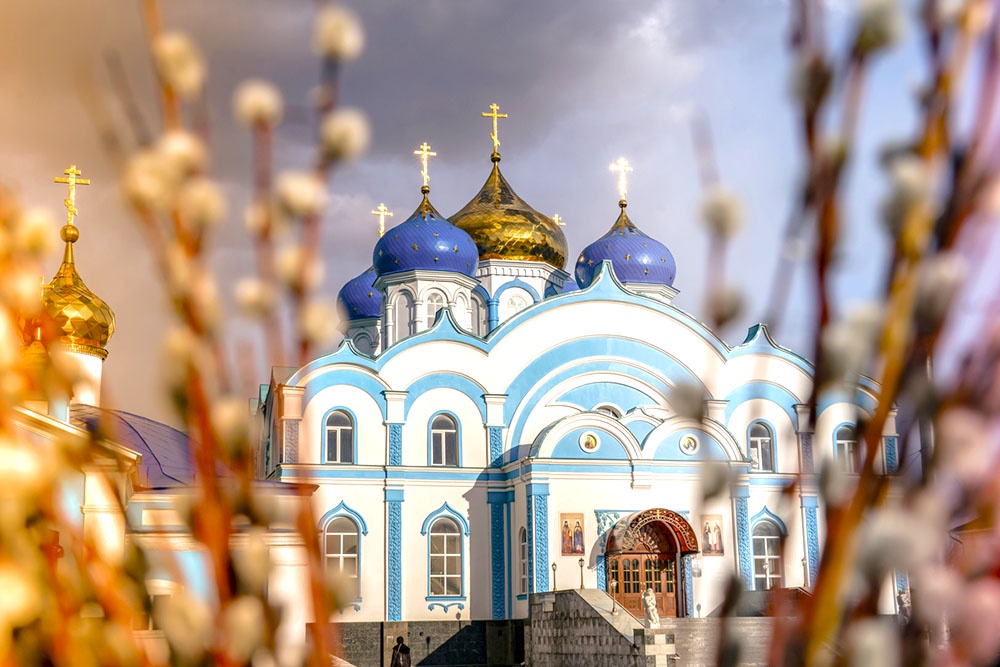 Веточки вербы и православный храм.