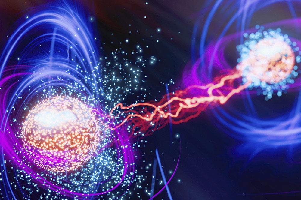 Квантовая запутанность - трехмерная визуализация двух запутанных частиц, соединенных светящимся лучом. Иллюстрация нелокальных связей в квантовой физике.