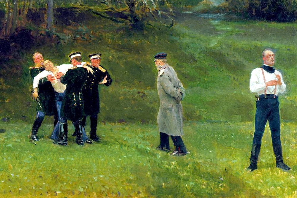 Картина с изображением дуэли Лермонтова. Эпизод после ранения поэта. Автор Илья Репин