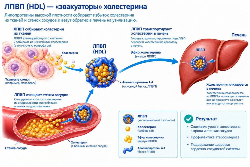 Инфографика действия липопротеинов высокой плотности.