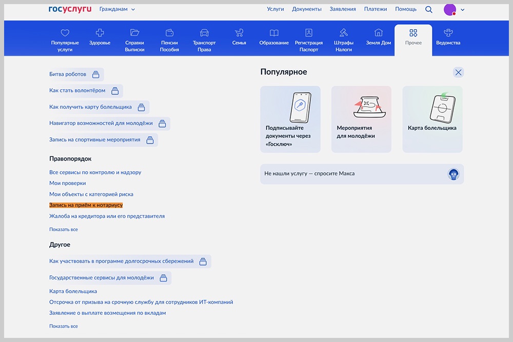 Портал "Госуслуги" с вкладкой "Прочее".