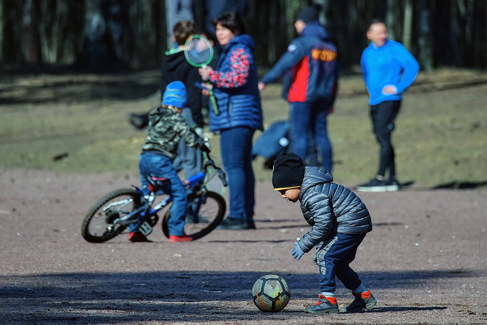 Родители с детьми отдыхают в парке.