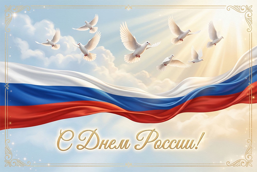 Флаг России и белые голуби. Открытки для печати на День России.