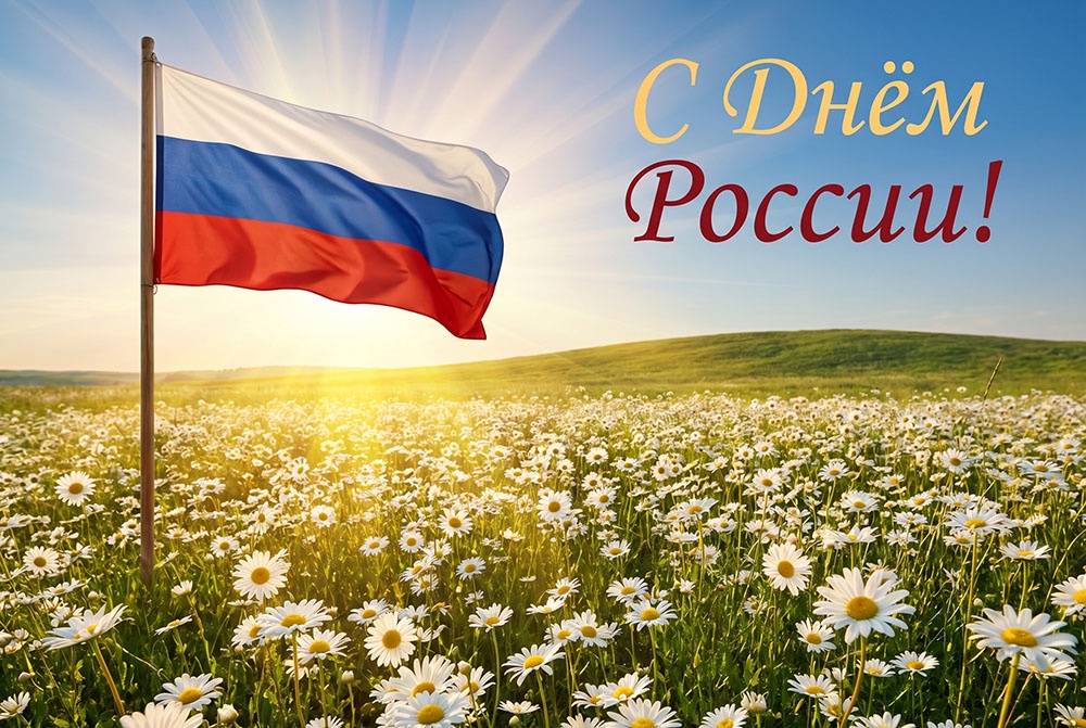 Открытки с Днем России для печати. Яркое рассветное небо над ромашковым полем. Открытка ко Дню России.