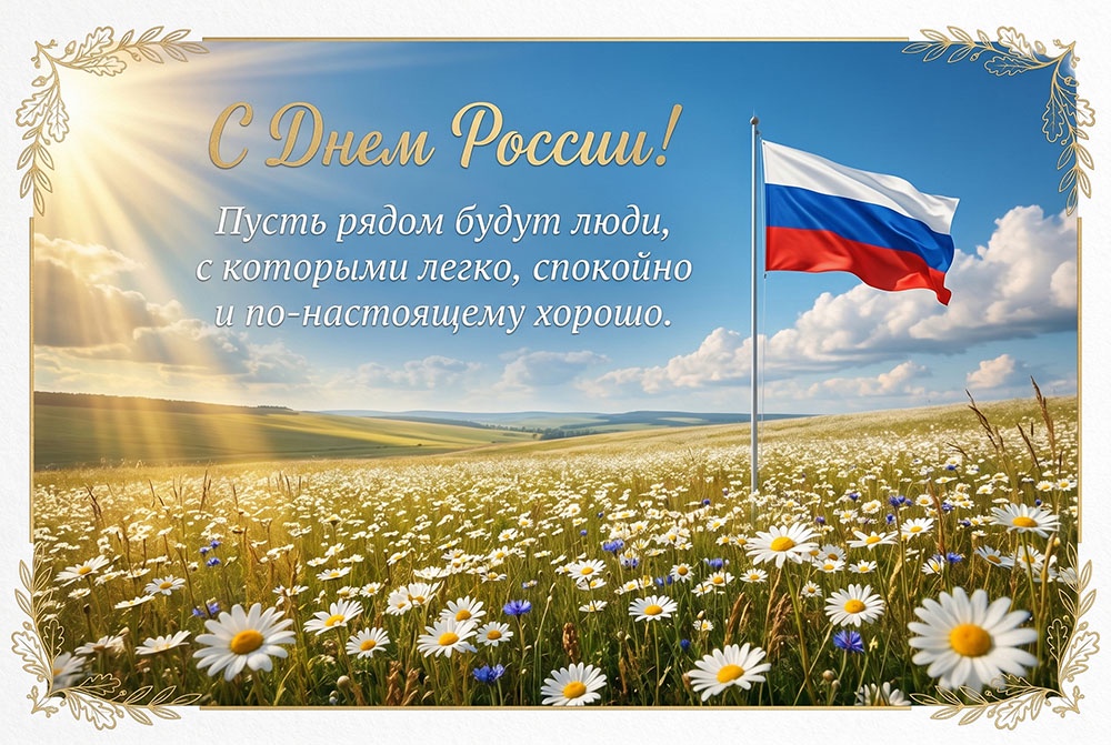Летнее поле с ромашками. Открытка на 12 июня для печати.