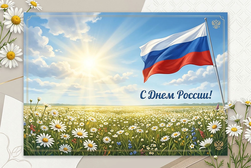 Ромашковое поле, рассвет, триколор. Открытка с Днем России для печати.