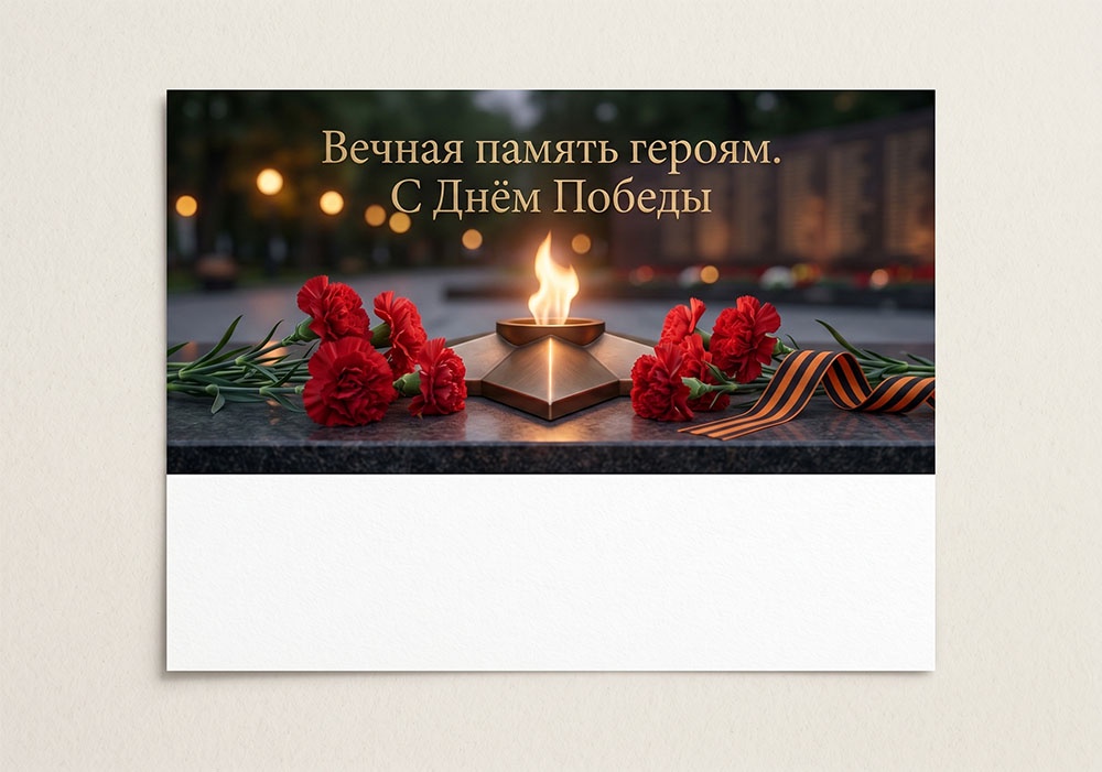 Открытка для печати: поздравления ко Дню Победы:  цветы у Вечного огня, памятный мемориал.