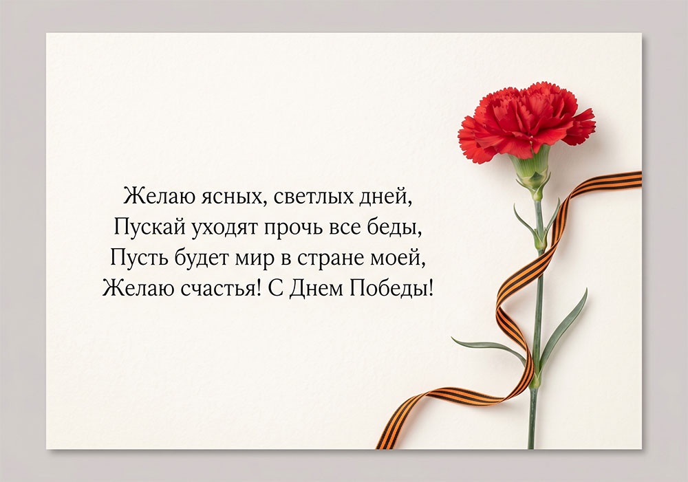 Открытка 9 Мая для печати: красная гвоздика с георгиевской лентой - символ воинской доблести.