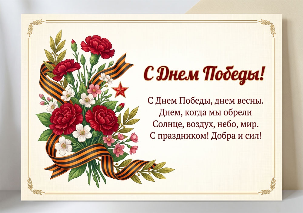 Праздничная открытка с цветами и поздравлением - для печати ко Дню Победы.