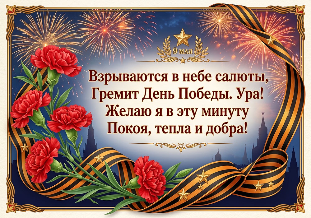 Праздничный салют в ночном небе - открытка для печати к 9 Мая с поздравлением.