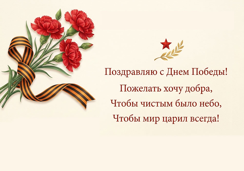 Открытка на 9 Мая для печати: букет красных гвоздик с георгиевской лентой. Пожелания мира в День Победы.