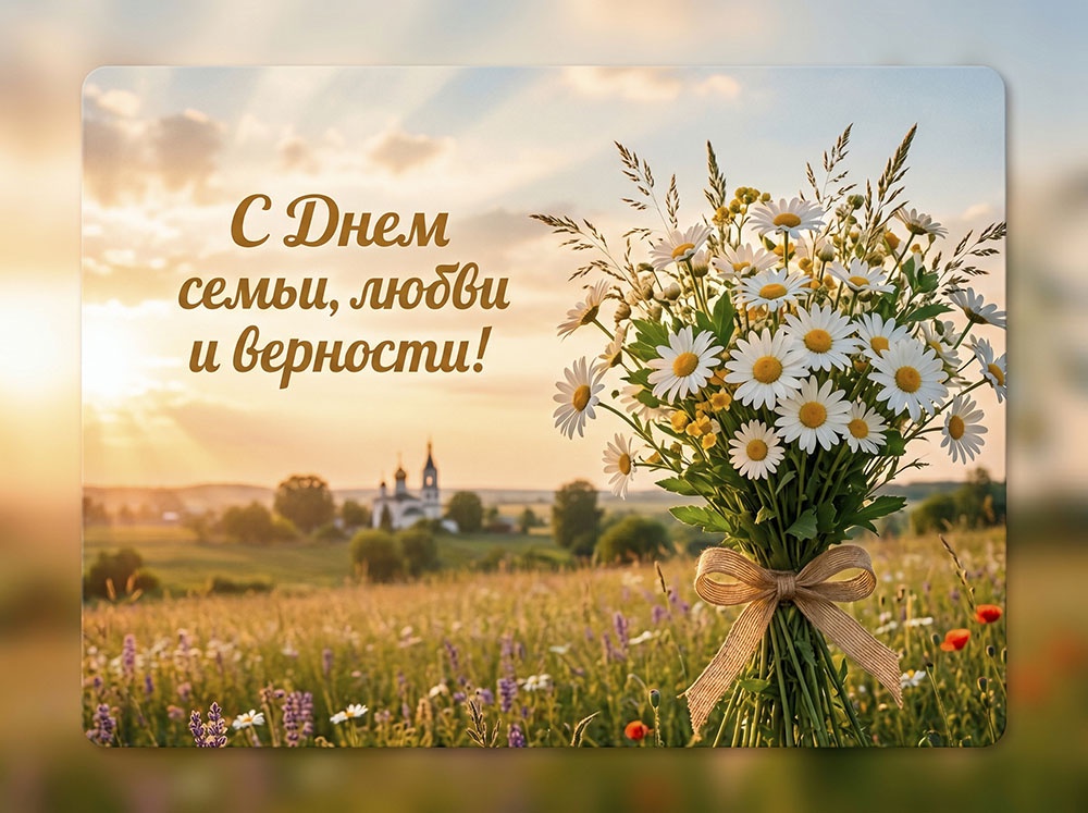 Букет полевых цветов и ромашек, церковь в поле на рассвете - открытка для печати ко Дню семьи, любви и верности.