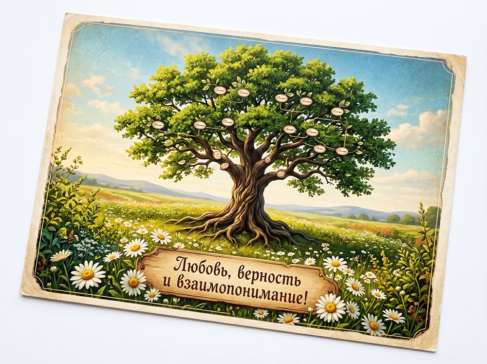 Семейное древо как символ традиций и крепкой семьи на открытке для печати ко Дню семьи, любви и верности.