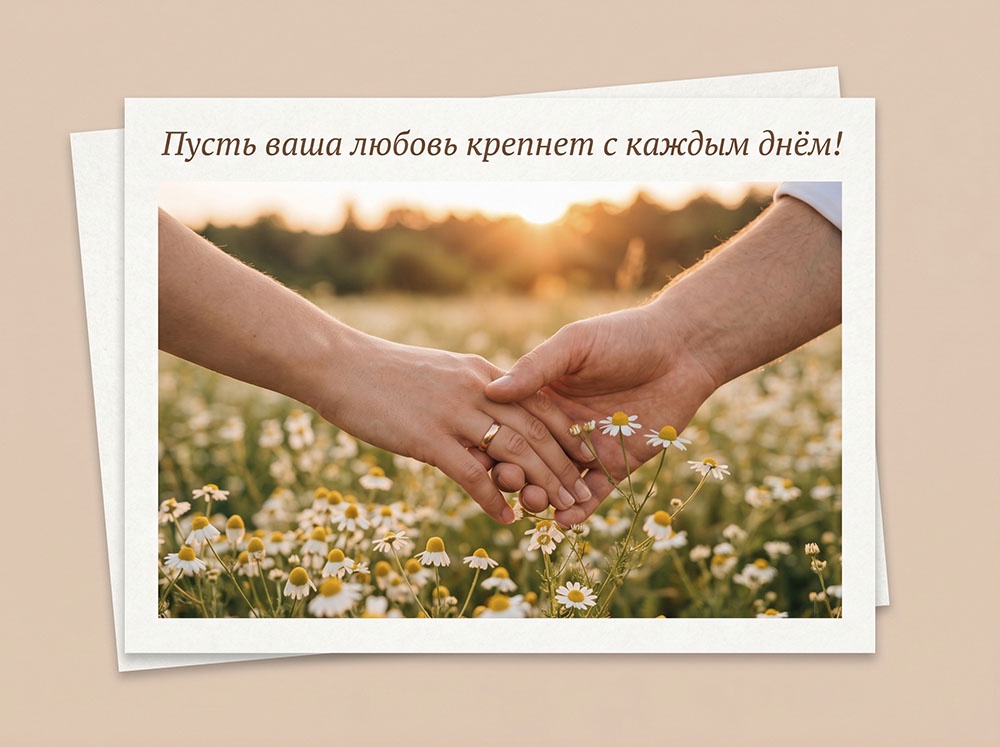 Муж и жена держатся за руки, летнее солнце и ромашковое поле на открытке для печати ко Дню семьи, любви и верности.
