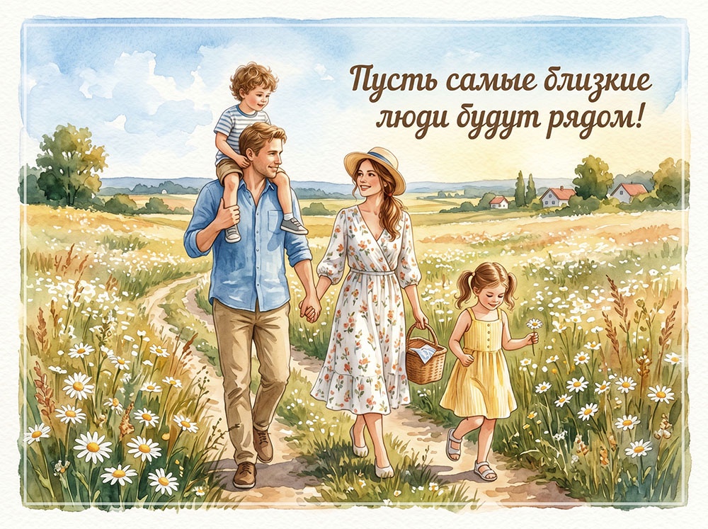 Семья идет домой через поле в летний день. Открытка для печати ко Дню семьи, любви и верности.