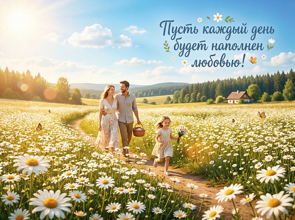 Семья папа, мама и дочь идет через поле с ромашками в ясный день - открытка для печати ко Дню семьи, любви и верности.
