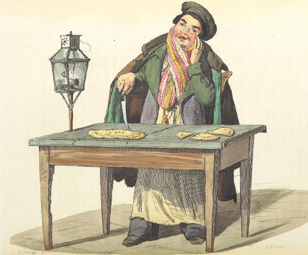 Пиццайоло, продающий свой товар. Автор Б. Франческо. 1853 год. Британская библиотека.