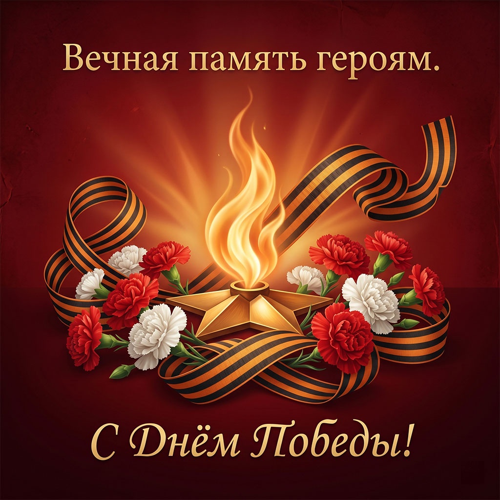 Открытки на 9 Мая: на темно-красном фоне - Вечный огонь, красные и белые гвоздики, георгиевская лента.