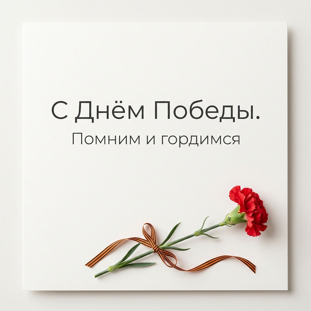 Открытка с Днем Победы: красная гвоздика и георгиевская лента.