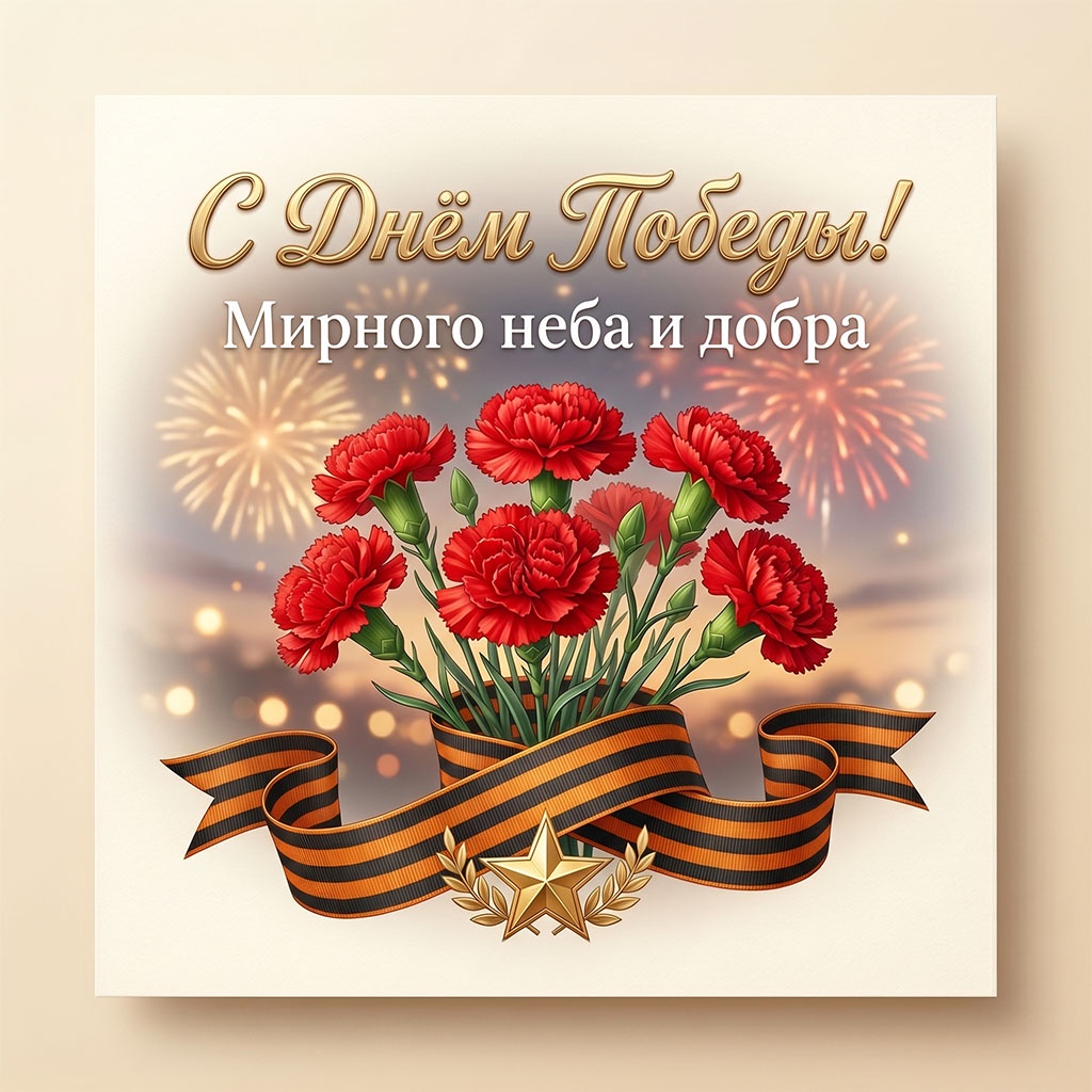 Красивые открытки на 9 Мая:  красные гвоздики с георгиевской лентой на фоне салюта.