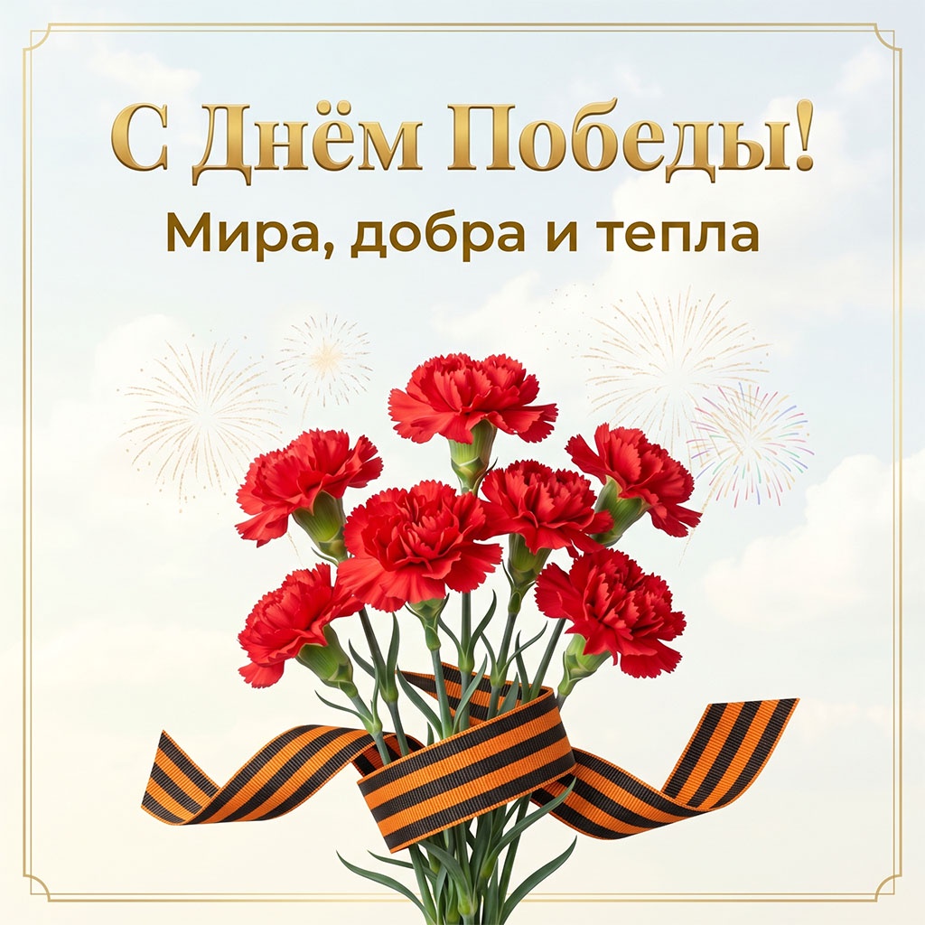 Красивая открытка на 9 Мая: красные гвоздики с георгиевской лентой на фоне голубого неба.