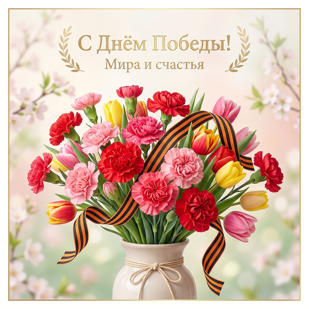 Открытка на 9 Мая: яркий букет тюльпанов и гвоздик украшен георгиевской лентой.