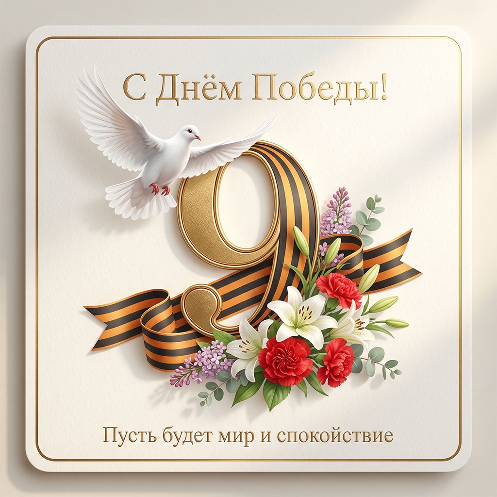Красивая открытка на 9 Мая: светлые тона, белый голубь, букет цветов и георгиевская лента.