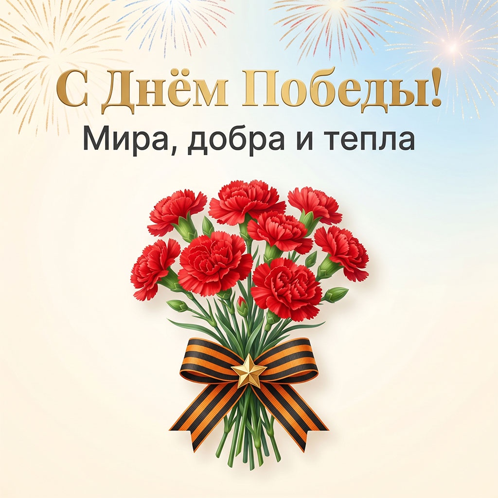 Красивая открытка на 9 Мая: красные гвоздики с георгиевской лентой на фоне голубого неба.