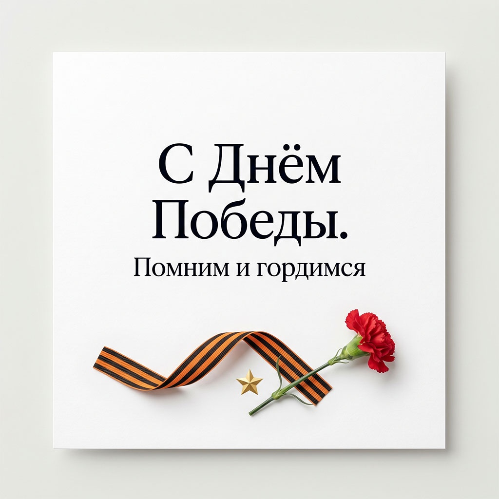 Открытка на 9 Мая: красная гвоздика и георгиевская лента на белом фоне.