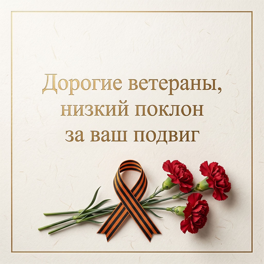 Поздравления ветеранам с Днем Победы: слова благодарности и георгиевская лента с гвоздиками.