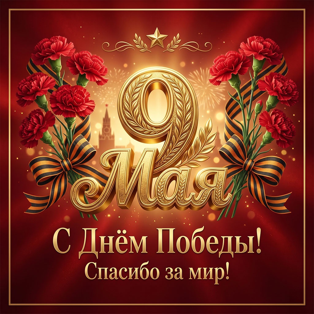 Красивая открытка на 9 Мая: золотые и бордовые тона, гвоздики, георгиевская лента и праздничный салют.