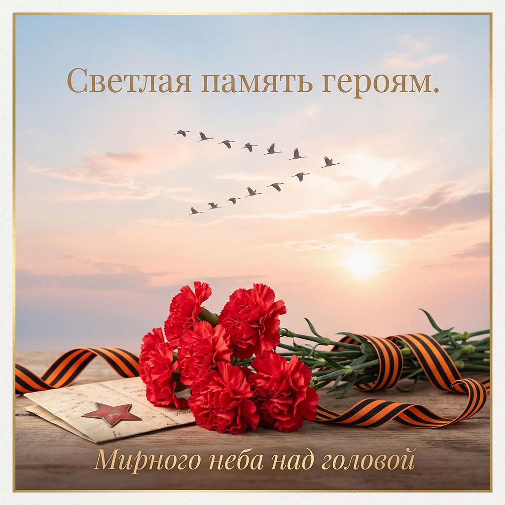 Открытка для ветеранов и солдат к 9 Мая. Закатное небо с журавлями и слова памяти.