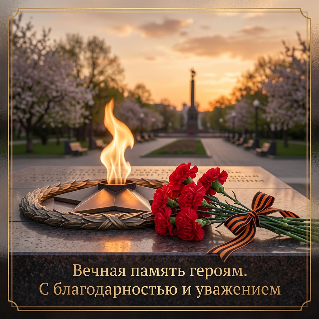 Открытка для ветеранов и солдат ко Дню Победы:  цветы у Вечного огня, памятный мемориал.
